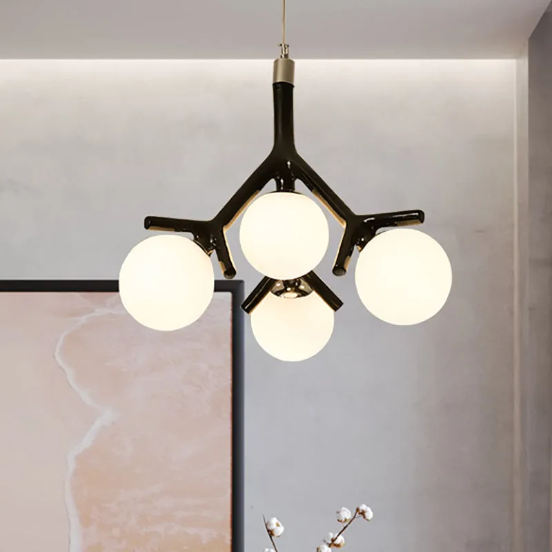 Contemporary Global Chandelier - White Glass with Branch Design - 4 Lights - Hanging Ceiling Fixture in White/Black/Red