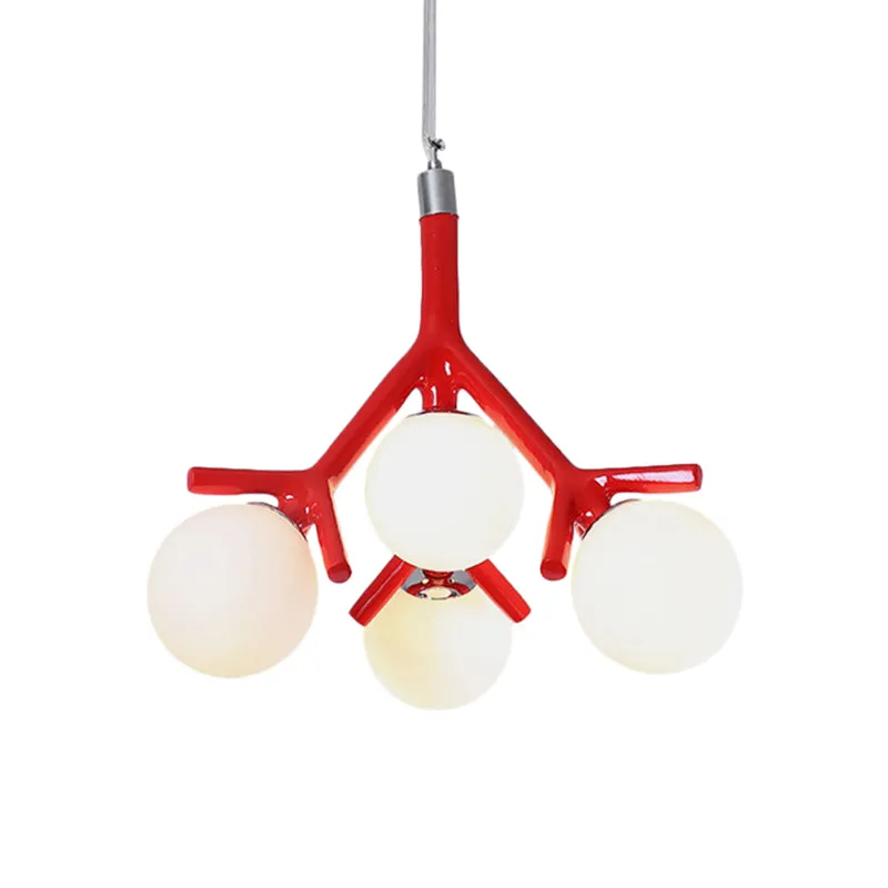 Contemporary Global Chandelier - White Glass with Branch Design - 4 Lights - Hanging Ceiling Fixture in White/Black/Red