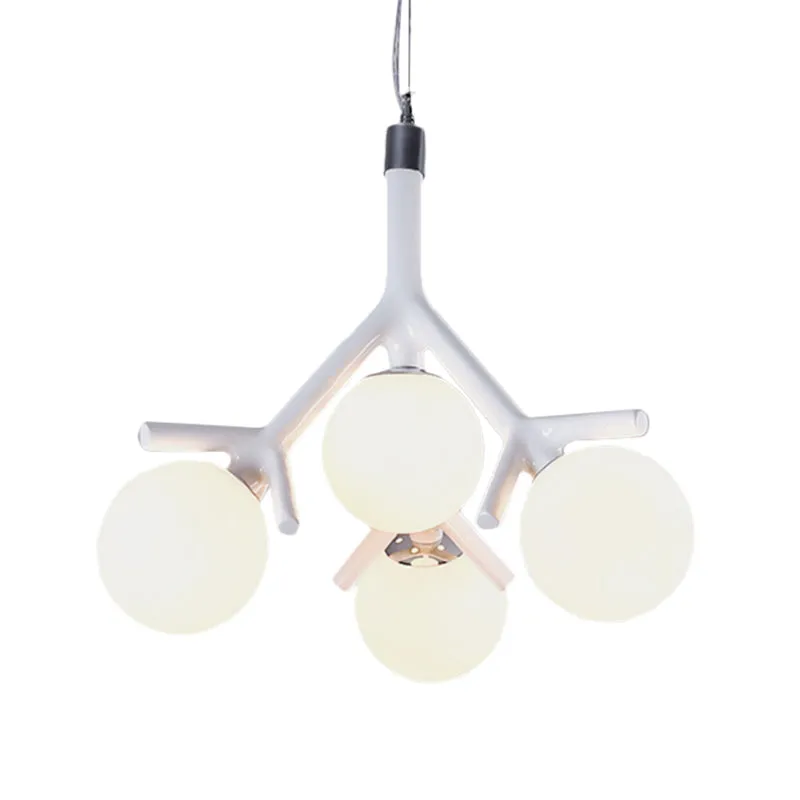 Contemporary Global Chandelier - White Glass with Branch Design - 4 Lights - Hanging Ceiling Fixture in White/Black/Red