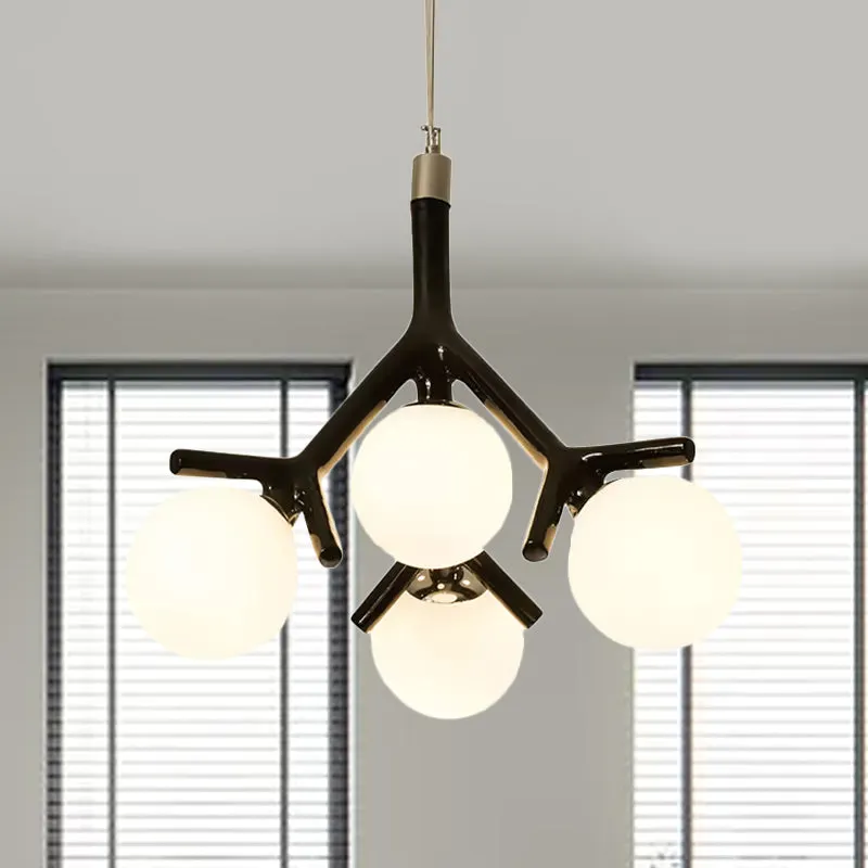 Contemporary Global Chandelier - White Glass with Branch Design - 4 Lights - Hanging Ceiling Fixture in White/Black/Red