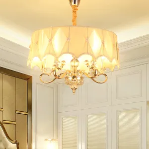 Contemporary Gold Chandelier with 5 Smocked Pleated Shade Bulbs - Beige Fabric Ceiling Pendant