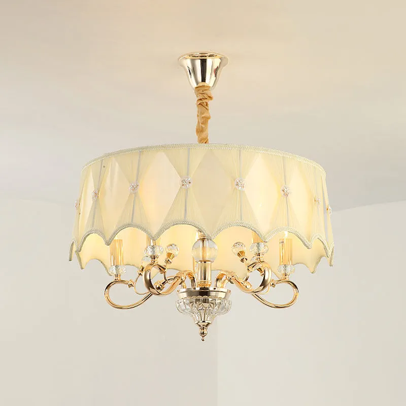 Contemporary Gold Chandelier with 5 Smocked Pleated Shade Bulbs - Beige Fabric Ceiling Pendant