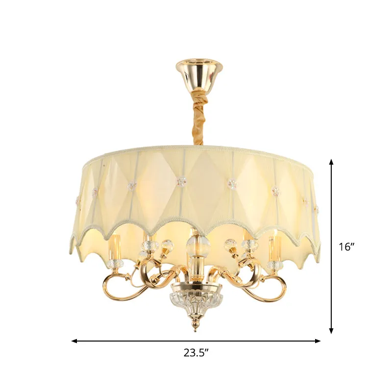 Contemporary Gold Chandelier with 5 Smocked Pleated Shade Bulbs - Beige Fabric Ceiling Pendant