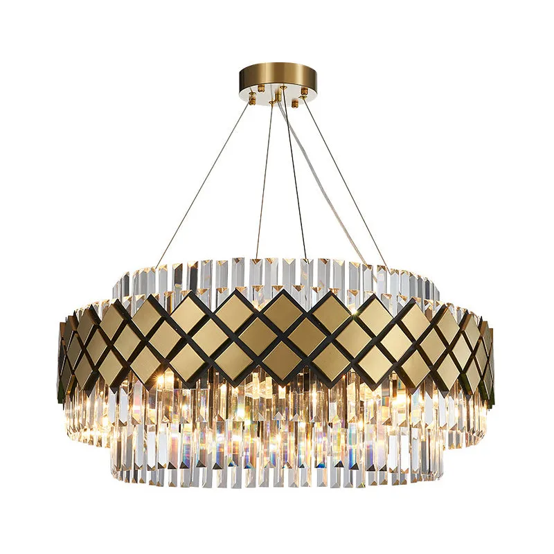 Contemporary Gold Round Mesh Chandelier with 12-Light Clear Crystal Pendant