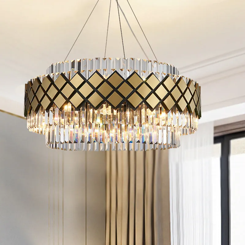 Contemporary Gold Round Mesh Chandelier with 12-Light Clear Crystal Pendant