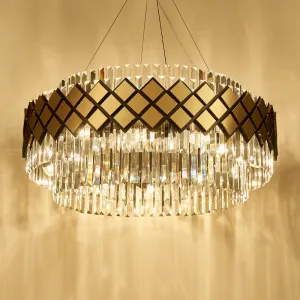 Contemporary Gold Round Mesh Chandelier with 12-Light Clear Crystal Pendant