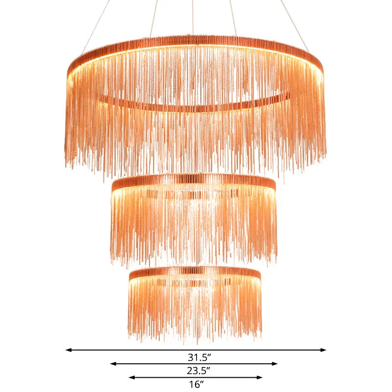 Contemporary Metal Rose Gold Chandelier - Multi-Tiered Ceiling Lamp with Tassel and 1/2/3 Heads for Living Room