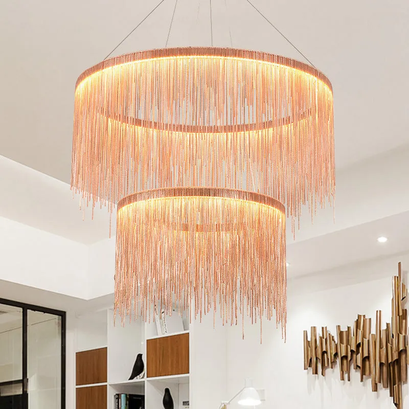 Contemporary Metal Rose Gold Chandelier - Multi-Tiered Ceiling Lamp with Tassel and 1/2/3 Heads for Living Room