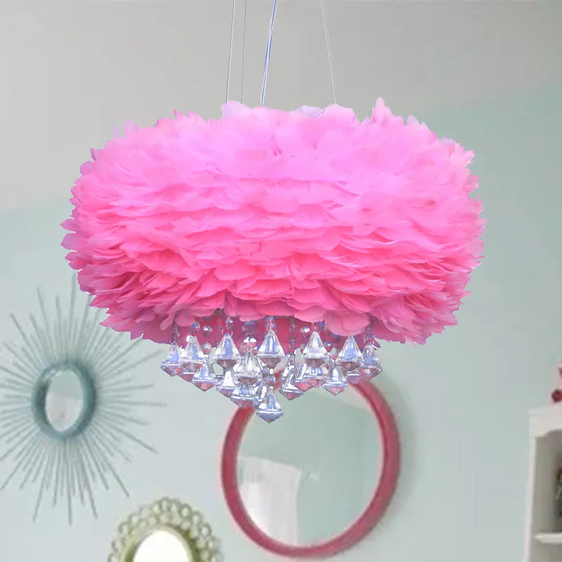 Contemporary Pink Feather Chandelier with Crystal Draping - 3-Light Pendant Lamp