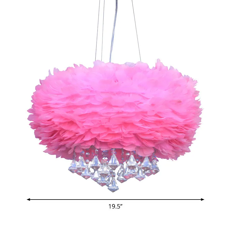 Contemporary Pink Feather Chandelier with Crystal Draping - 3-Light Pendant Lamp