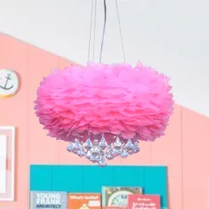 Contemporary Pink Feather Chandelier with Crystal Draping - 3-Light Pendant Lamp