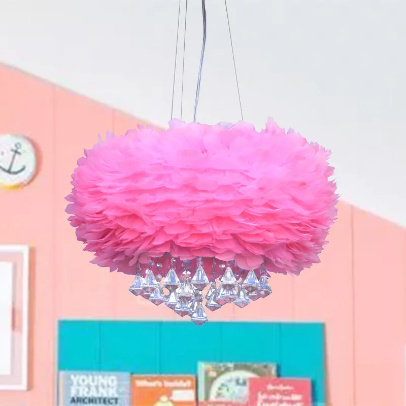 Contemporary Pink Feather Chandelier with Crystal Draping - 3-Light Pendant Lamp