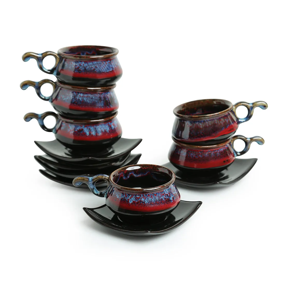 Crimson Mascarene' Hand Glazed Studio Pottery Ceramic Tea Cups & Saucers Set (Set Of 6)