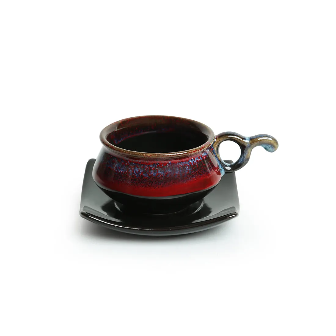 'Crimson Mascarene' Hand Glazed Studio Pottery Ceramic Tea Cups & Saucers Set (Set Of 6)