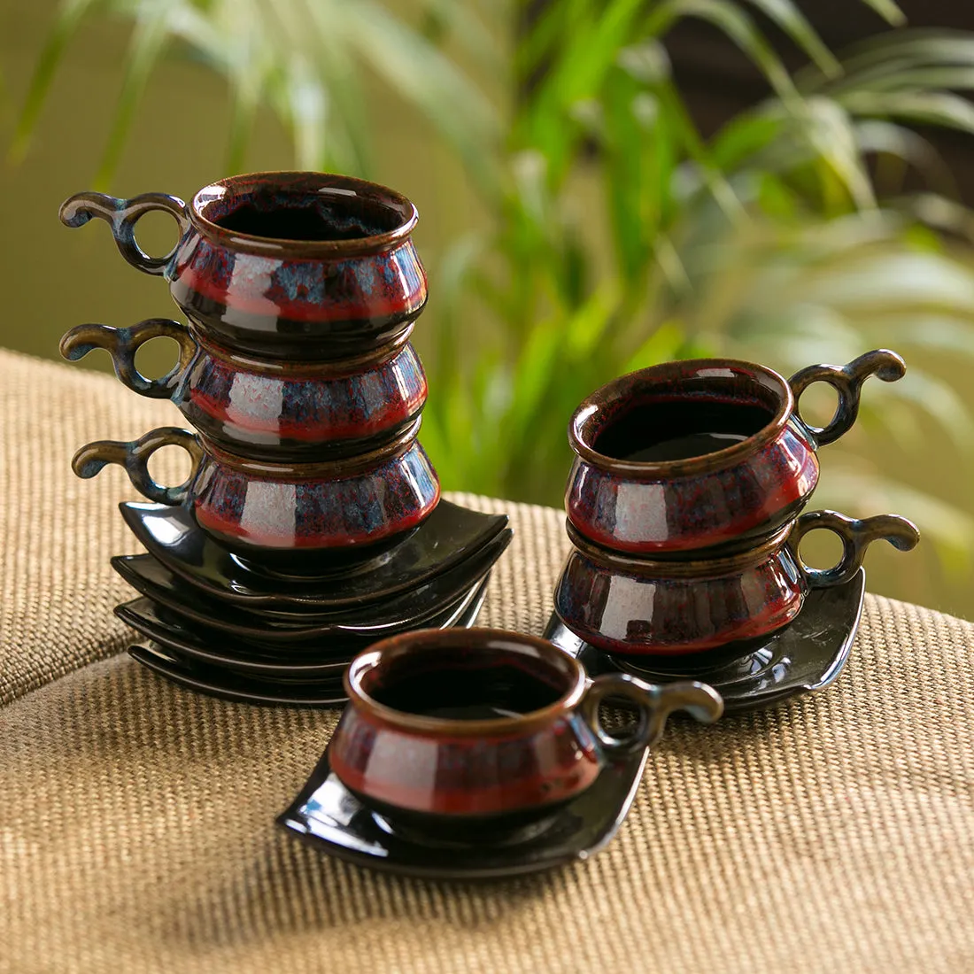 'Crimson Mascarene' Hand Glazed Studio Pottery Ceramic Tea Cups & Saucers Set (Set Of 6)