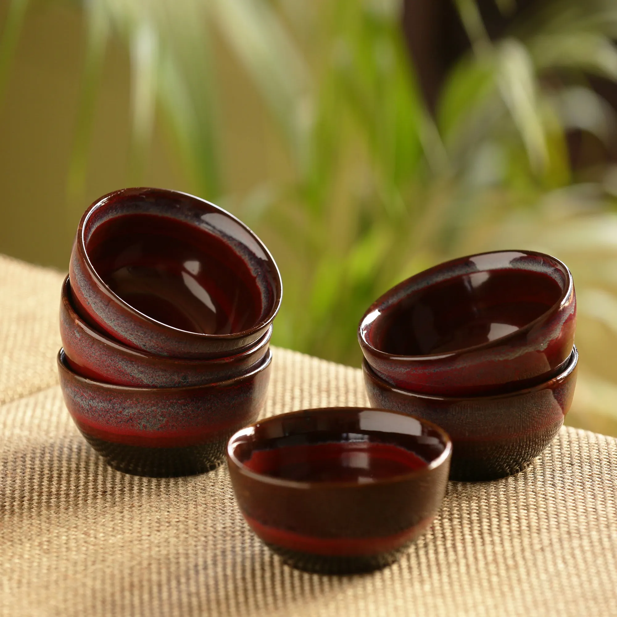 'Crimson Shields' Hand Glazed Studio Pottery Ceramic Dining Bowls Set (10.2 cm | Set Of 6)