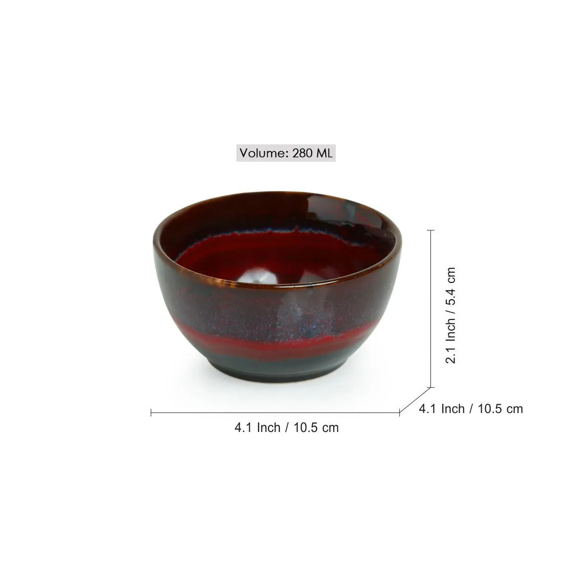 'Crimson Shields' Hand Glazed Studio Pottery Ceramic Dining Bowls Set (10.2 cm | Set Of 6)