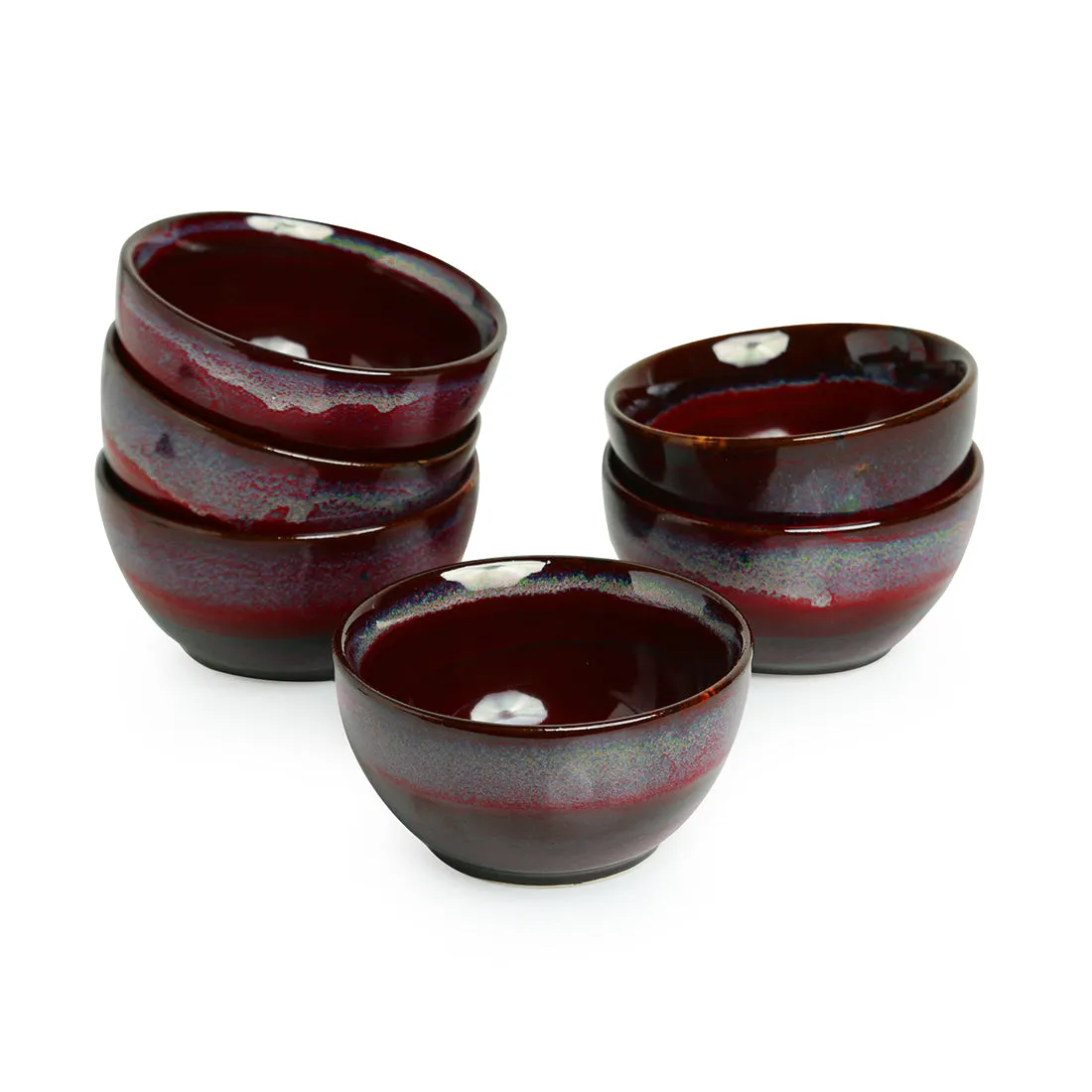 'Crimson Shields' Hand Glazed Studio Pottery Ceramic Dining Bowls Set (10.2 cm | Set Of 6)