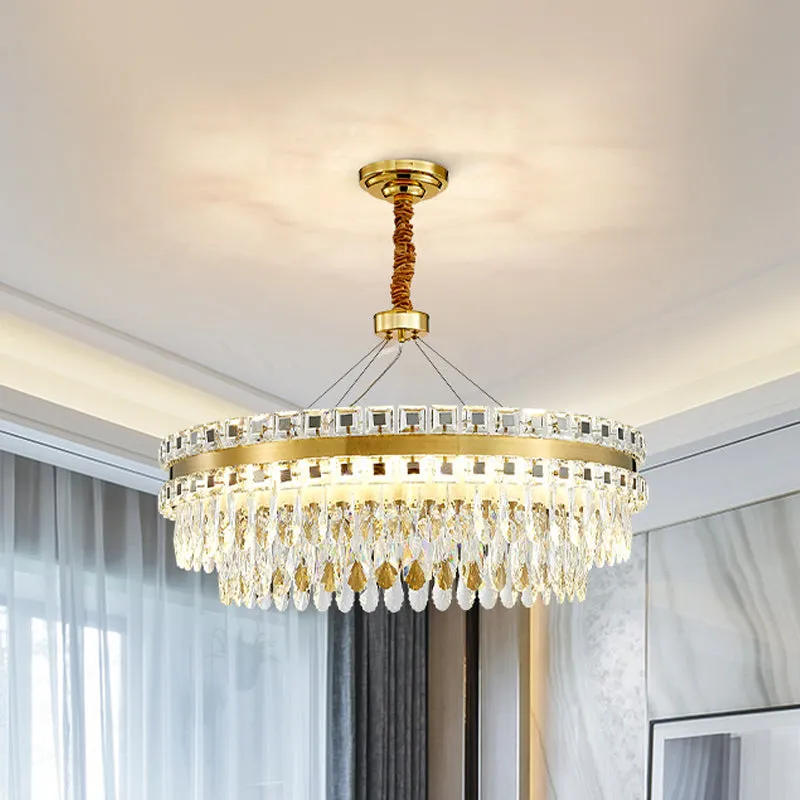 Crystal LED Chandelier- Modernist Gold Hanging Light Fixture, 2-Tier, 18"/23.5" Width