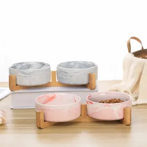 Double Marble Ceramic Bowls With Bamboo Stand