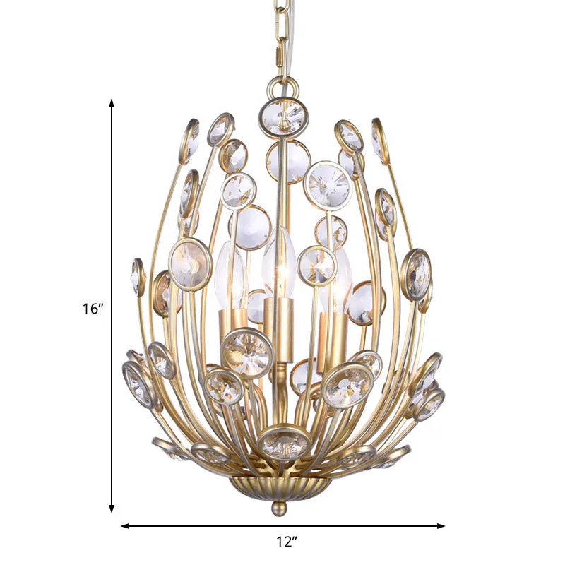 Gold Floral Chandelier with 3 Lights - Modern Style, Metal and Crystal Hanging Fixture for Dining Room