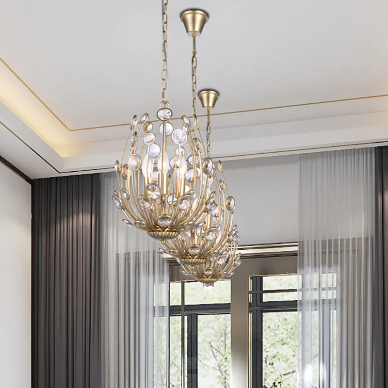 Gold Floral Chandelier with 3 Lights - Modern Style, Metal and Crystal Hanging Fixture for Dining Room