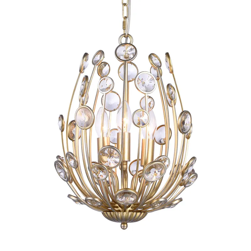 Gold Floral Chandelier with 3 Lights - Modern Style, Metal and Crystal Hanging Fixture for Dining Room