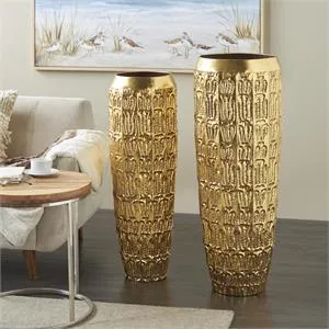 Gold Metal Tall Vase with Grooved Patterns, Set of 2 41", 37"H