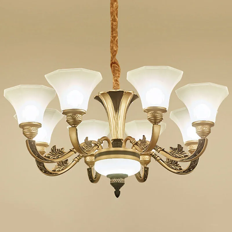 Gold Paneled Bell Chandelier with Opaline Frosted Glass Shade - Modern Pendant Lamp