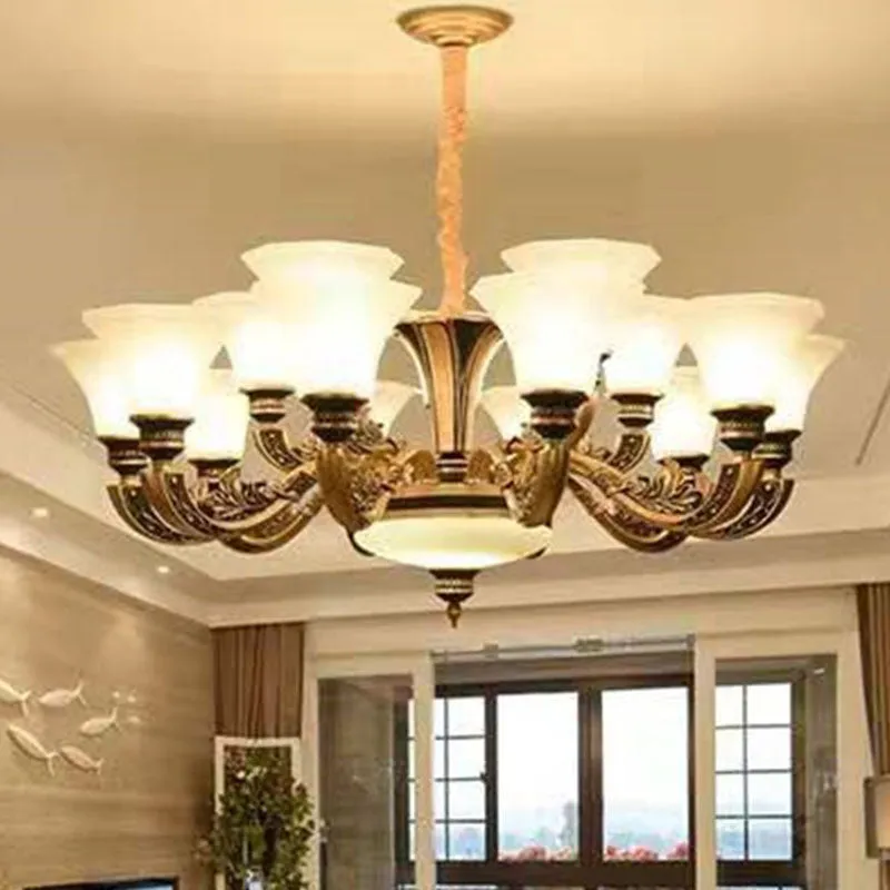 Gold Paneled Bell Chandelier with Opaline Frosted Glass Shade - Modern Pendant Lamp