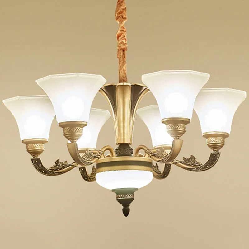 Gold Paneled Bell Chandelier with Opaline Frosted Glass Shade - Modern Pendant Lamp