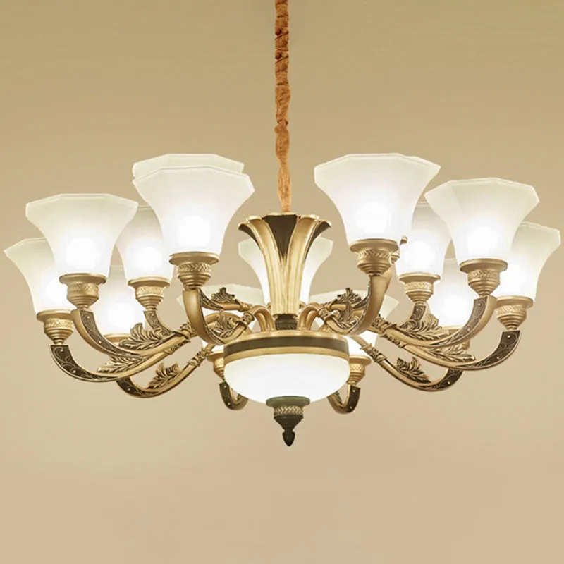 Gold Paneled Bell Chandelier with Opaline Frosted Glass Shade - Modern Pendant Lamp