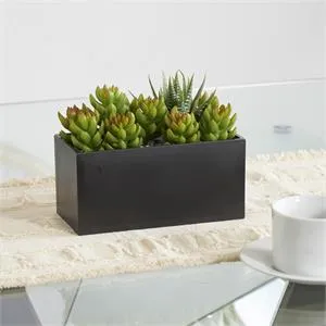 Green Faux Foliage Artificial Plant with Black Melamine Pot -  8" X 5" X 7"