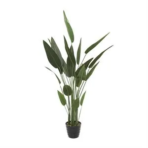 Green Faux Foliage Bird of Paradise Artificial Plant with Realistic Leaves and Black Fluted Pot, 21" x 21" x 61"