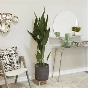 Green Faux Foliage Bird of Paradise Artificial Plant with Realistic Leaves and Black Fluted Pot, 21" x 21" x 61"