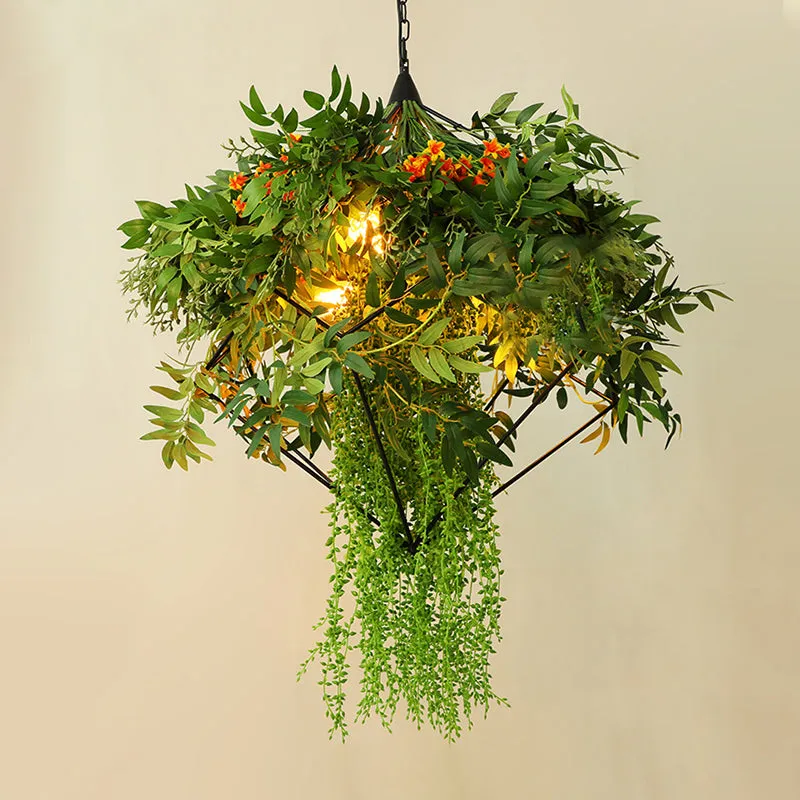 Green Industrial Plant Chandelier Light Fixture - Metal LED Suspension Lighting with 3 Bulbs