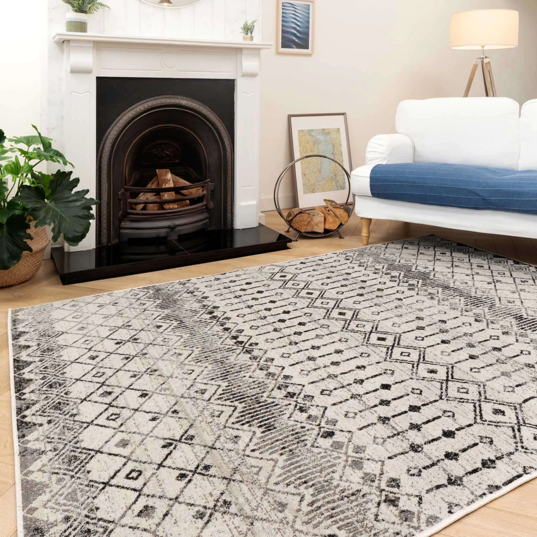 Grey Moroccan Tile Living Room Rug