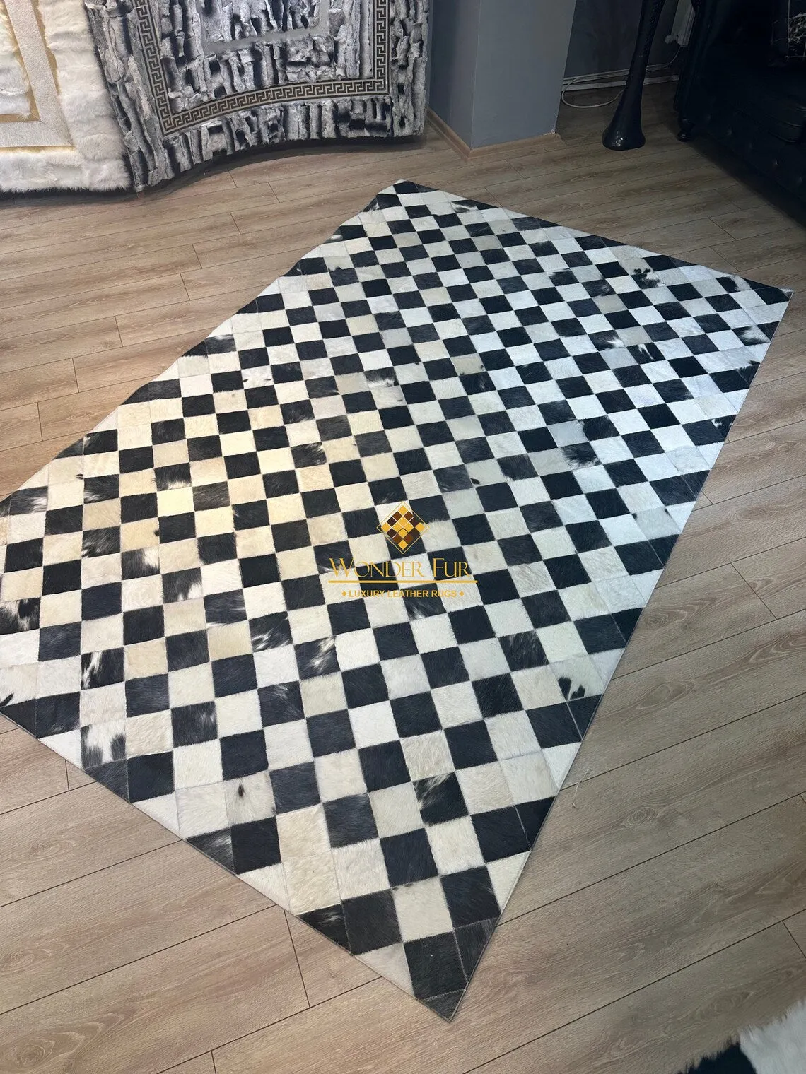 Handmade Checkers Black And White Genuine Cowhide Leather 6x8 Area Rug