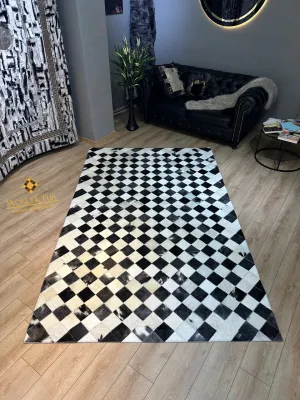 Handmade Checkers Black And White Genuine Cowhide Leather 6x8 Area Rug