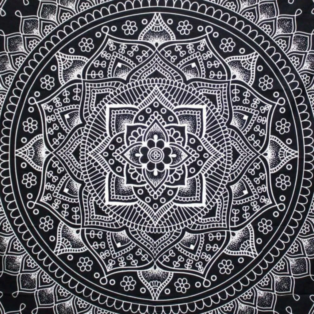 Indian Cotton Bedspread Wall Hanging Double - Lotus Flower - Black & White