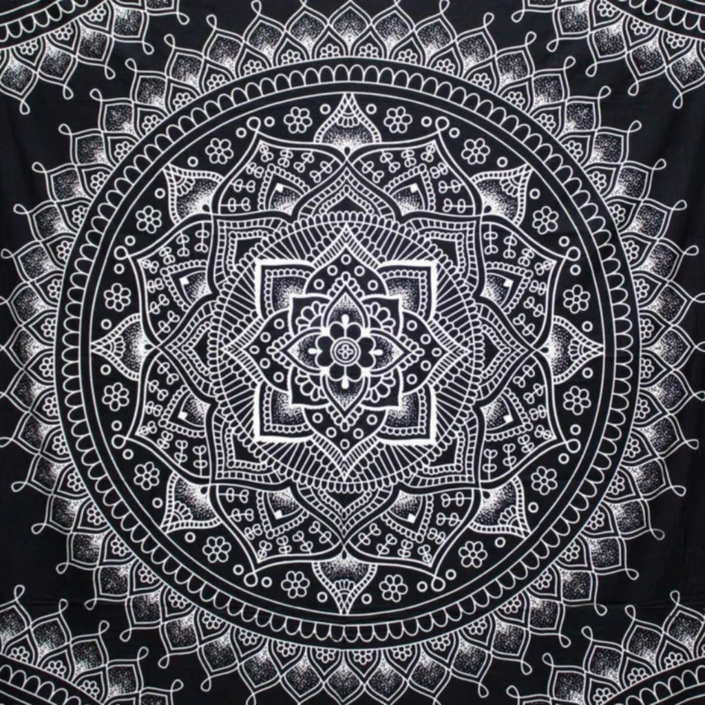 Indian Cotton Bedspread Wall Hanging Double - Lotus Flower - Black & White