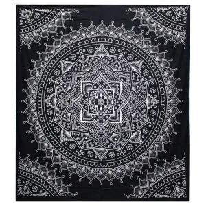 Indian Cotton Bedspread Wall Hanging Double - Lotus Flower - Black & White