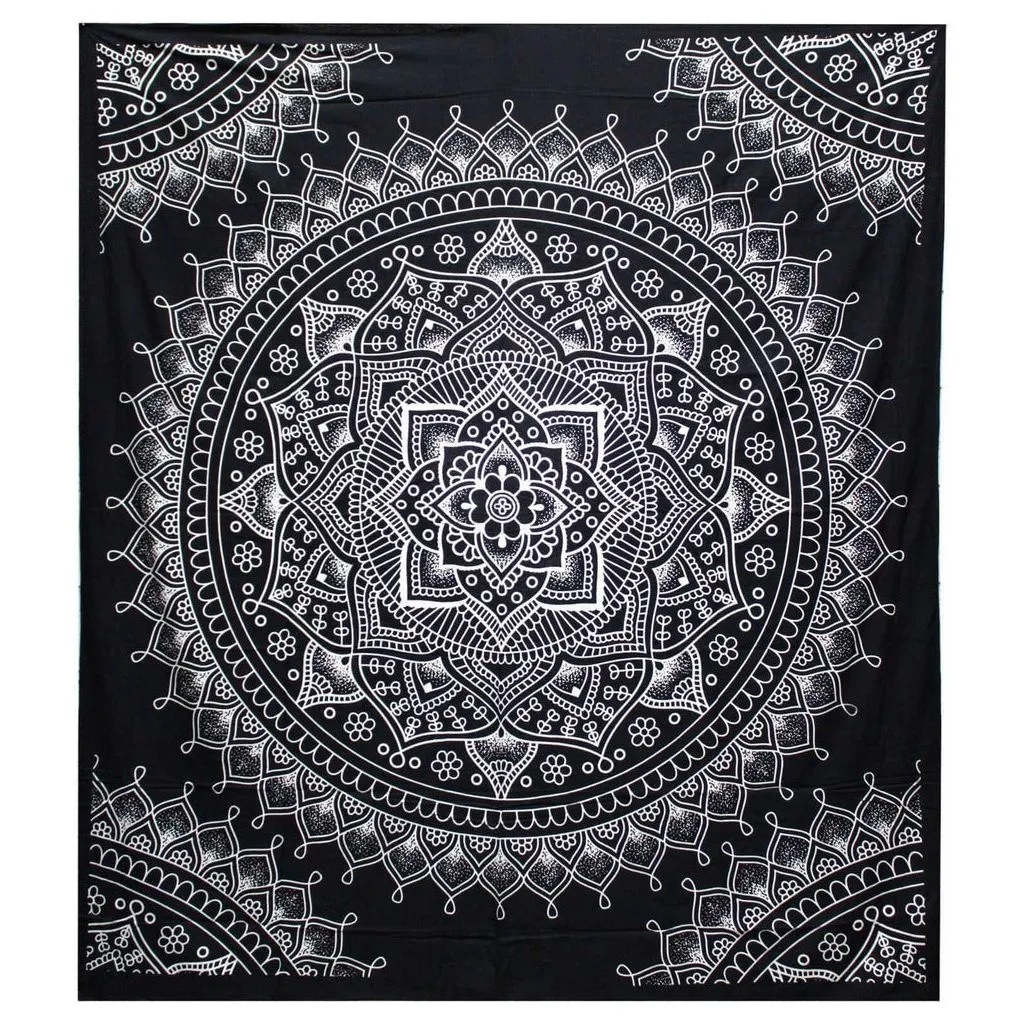 Indian Cotton Bedspread Wall Hanging Double - Lotus Flower - Black & White