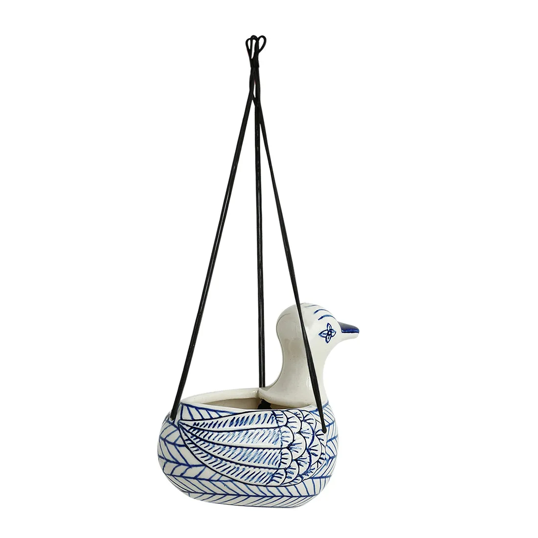 'Indigo Chevron Duck' Hand-painted Ceramic Hanging Planter Pot (15.2 cm)