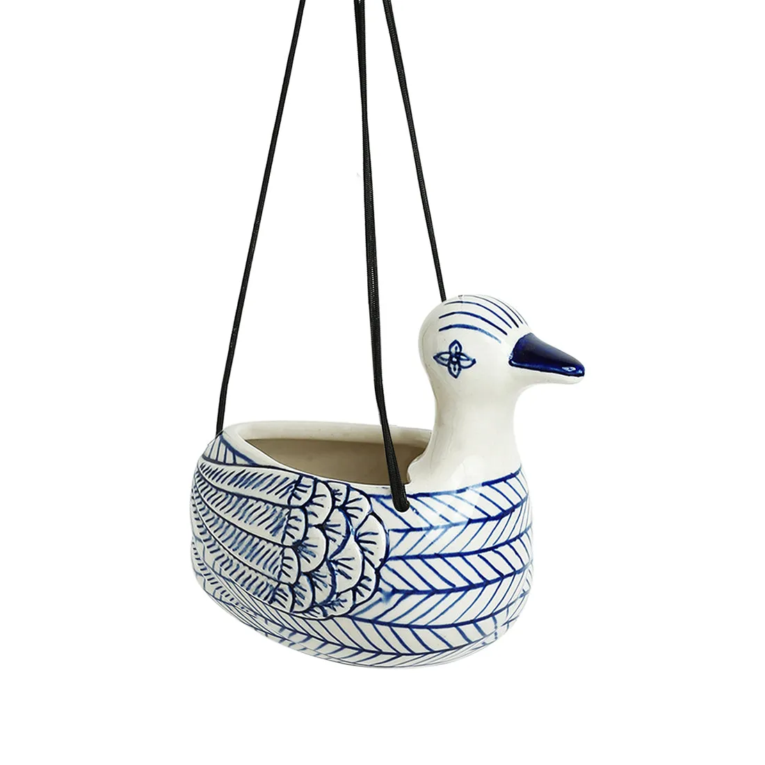 'Indigo Chevron Duck' Hand-painted Ceramic Hanging Planter Pot (15.2 cm)