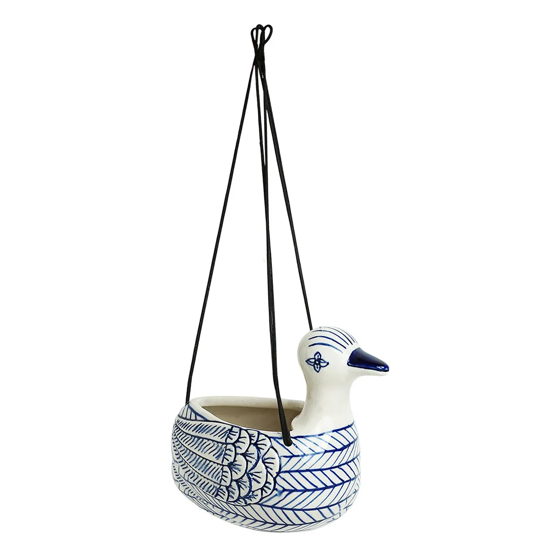 'Indigo Chevron Duck' Hand-painted Ceramic Hanging Planter Pot (15.2 cm)