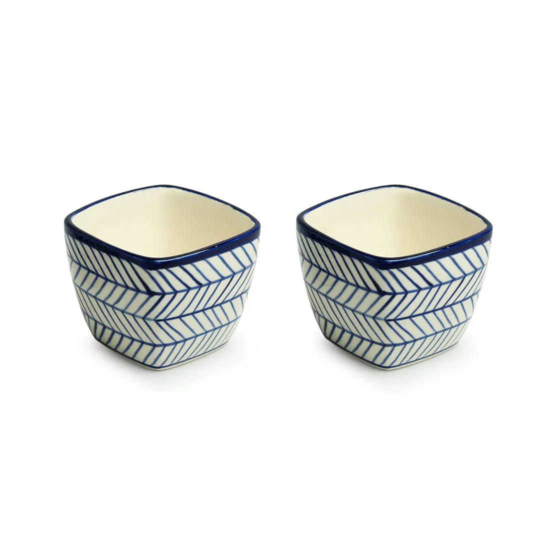 'Indigo Chevron Duo' Hand-painted Ceramic Cuboidal Table Planter Pots (9.4 cm, Set of 2)