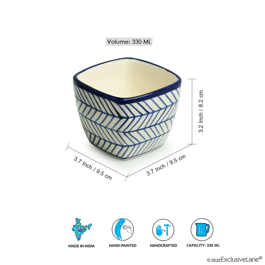 'Indigo Chevron Duo' Hand-painted Ceramic Cuboidal Table Planter Pots (9.4 cm, Set of 2)