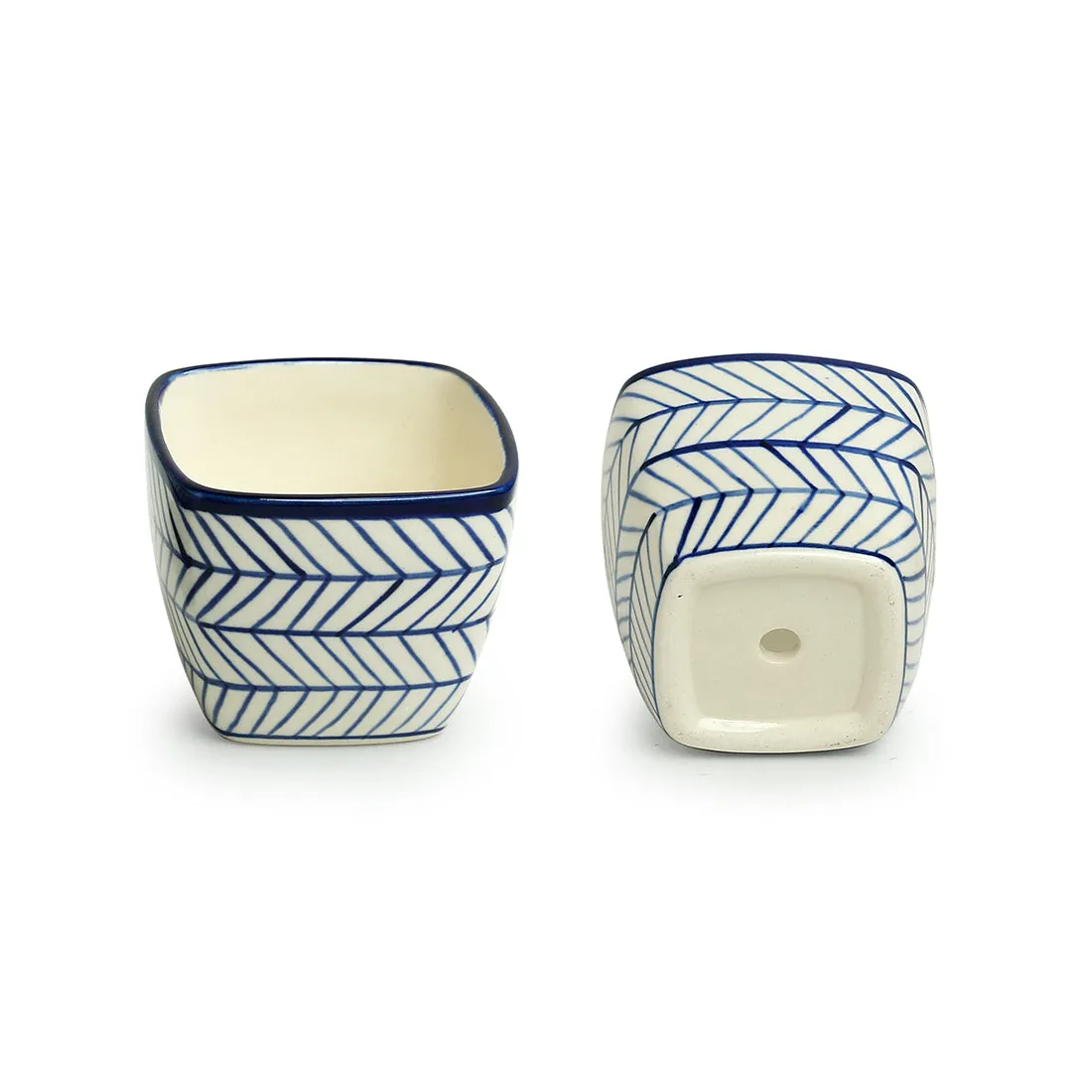 'Indigo Chevron Duo' Hand-painted Ceramic Cuboidal Table Planter Pots (9.4 cm, Set of 2)