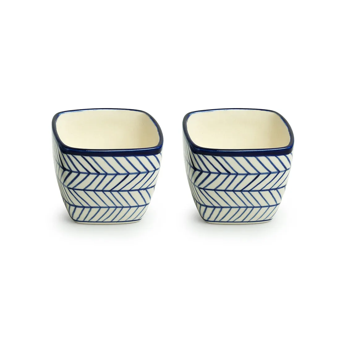 'Indigo Chevron Duo' Hand-painted Ceramic Cuboidal Table Planter Pots (9.4 cm, Set of 2)